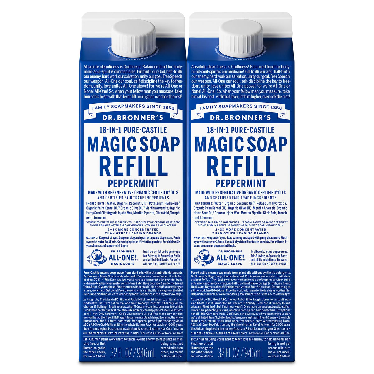 Dr. Bronner’s Menthe Pur‑Castile, recharge prête pour corps et mains.