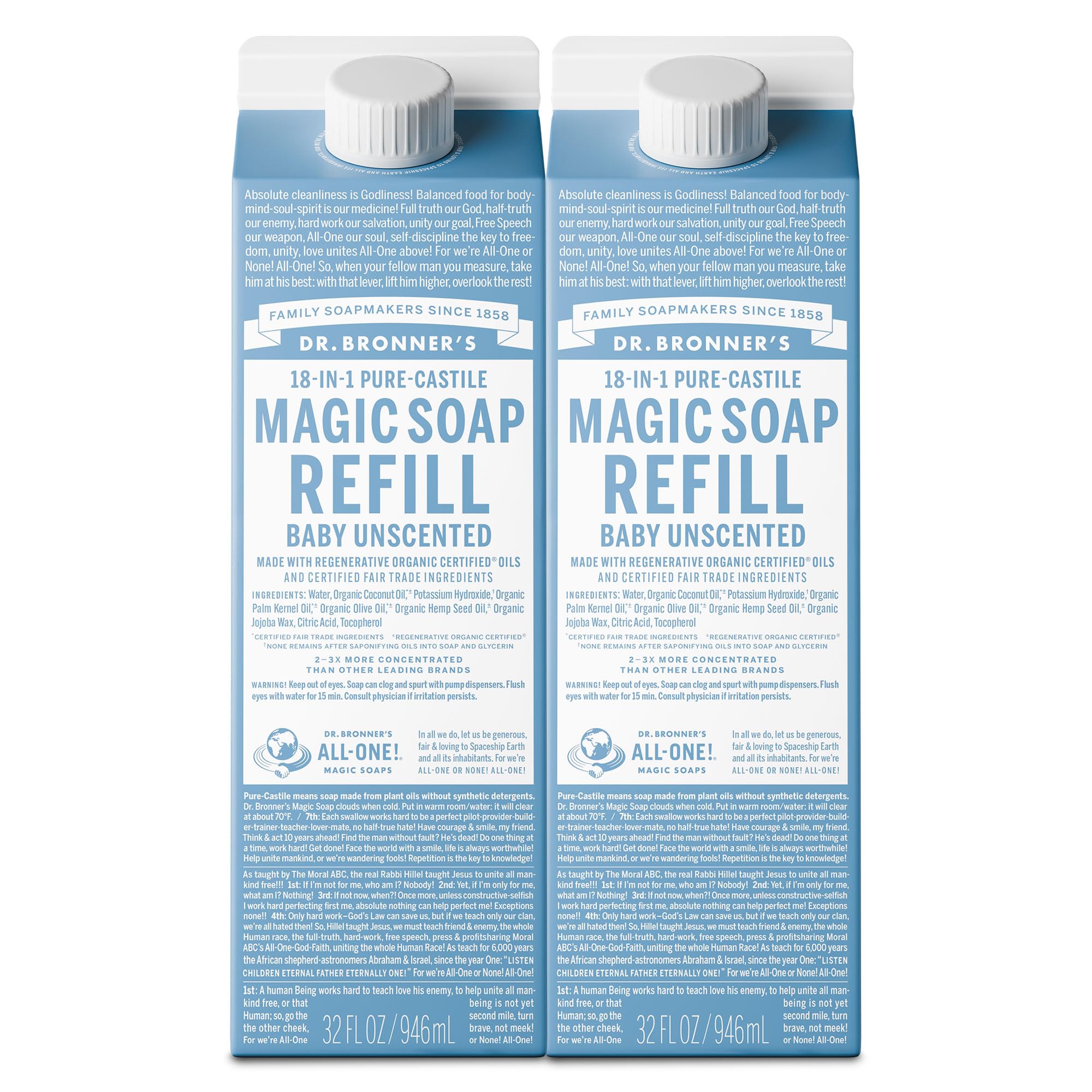 Savon Dr. Bronner’s Recharge pur-castile bébé 32oz 2-pack, polyvalent pour peau et linge