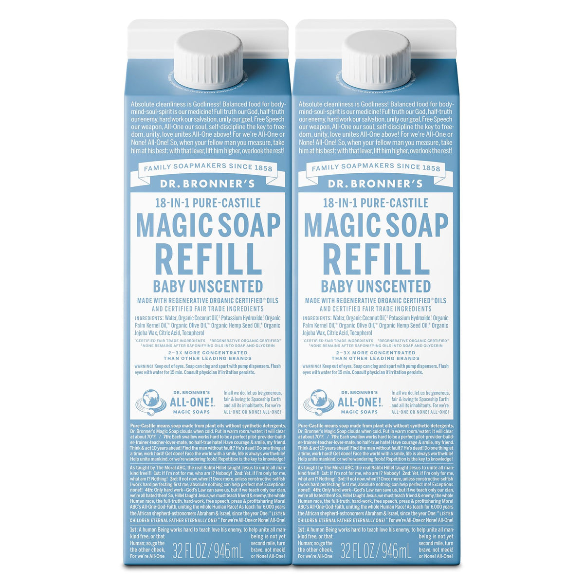 Savon Dr. Bronner’s Recharge pur-castile bébé 32oz 2-pack, polyvalent pour peau et linge