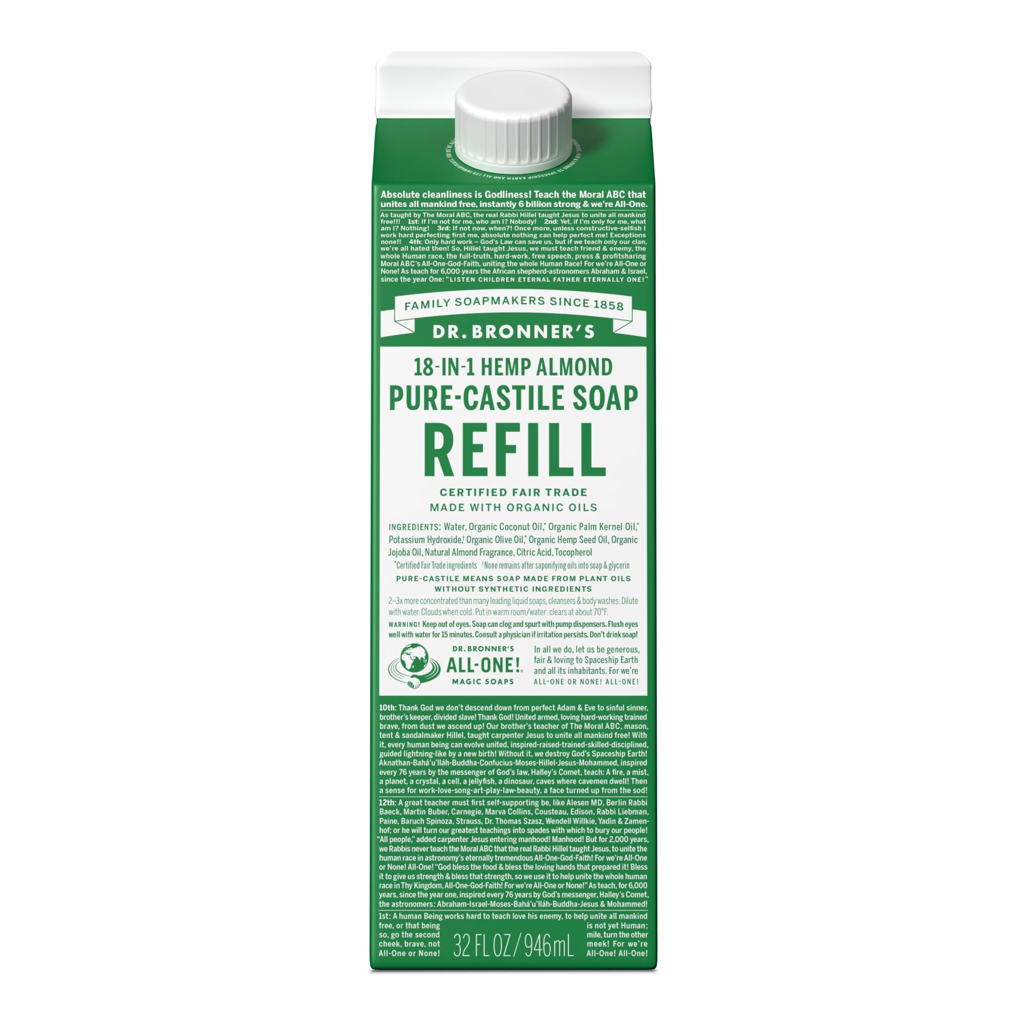 Recharge à l'amande Dr. Bronner's dans carton écologique, réduit les déchets plastiques.