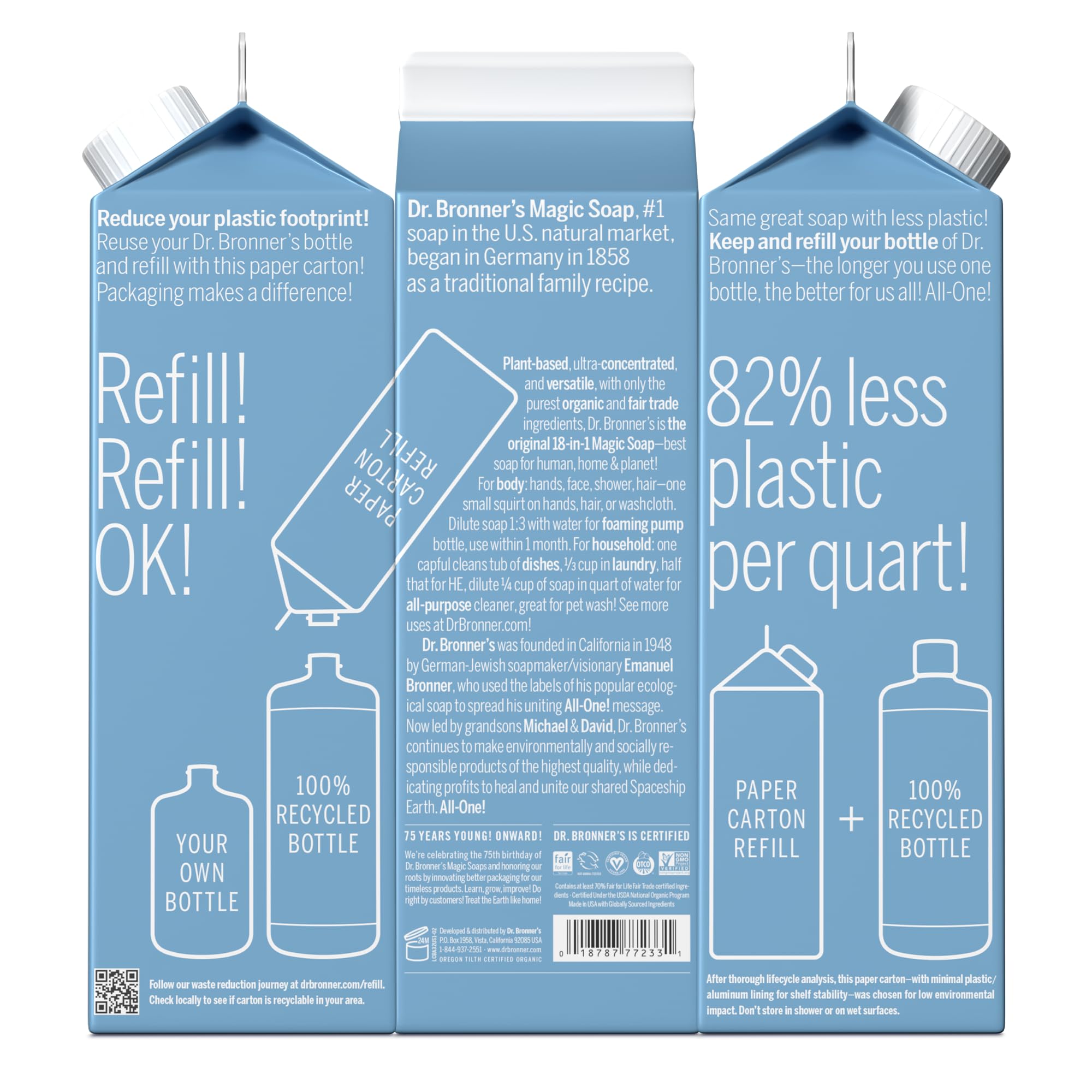 Dr. Bronner's refill carton shows 86 percent plastic reduction for eco friendly home cleaning.