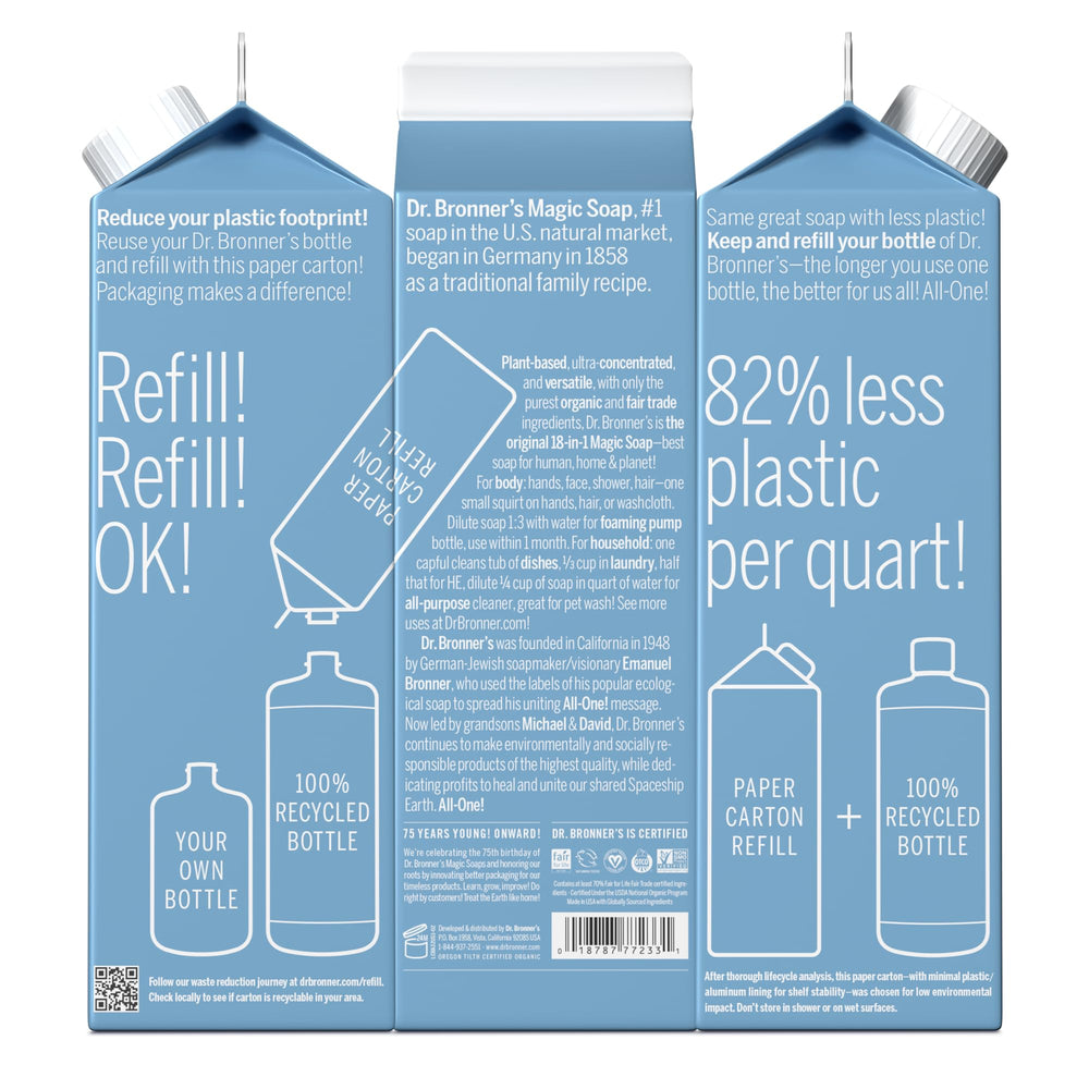 Dr. Bronner's refill carton shows 86 percent plastic reduction for eco friendly home cleaning.