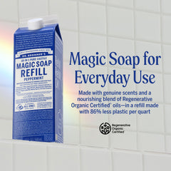 Dr. Bronner's refill carton with 86% less plastic for sustainable packaging.