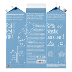 Dr. Bronner's refill carton shows 86 percent plastic reduction for eco friendly home cleaning.