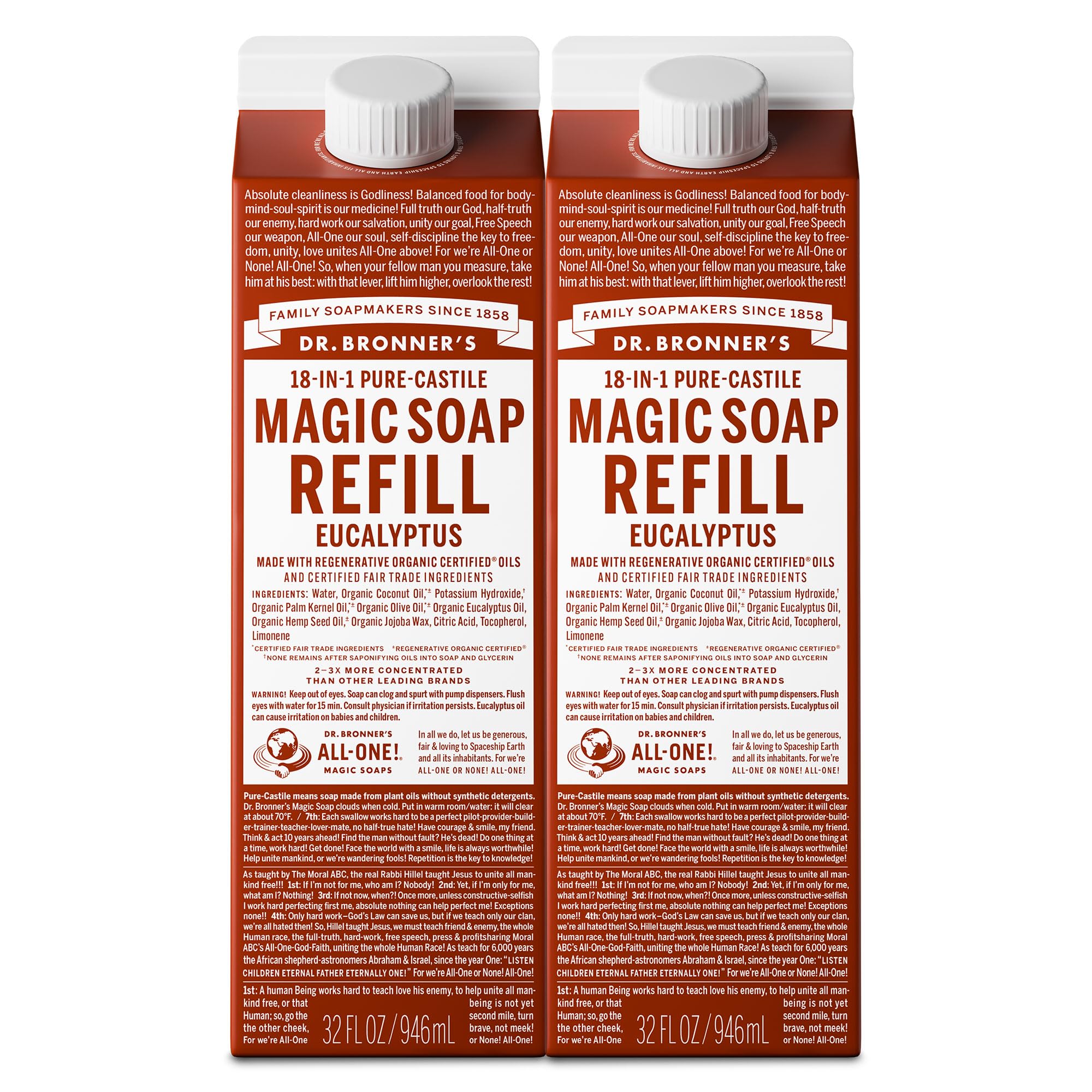Dr. Bronner’s Refills eucalyptus – bouteille polyvalente pour corps et linge.