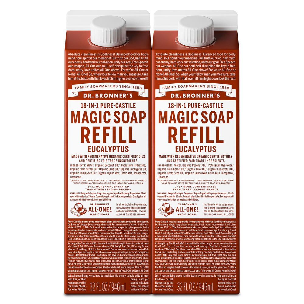 Dr. Bronner’s Refills eucalyptus – bouteille polyvalente pour corps et linge.