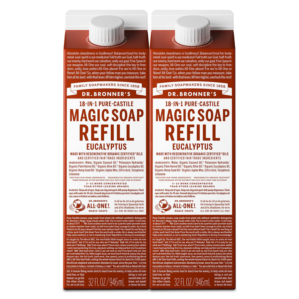 Dr. Bronner’s Refills eucalyptus – bouteille polyvalente pour corps et linge.