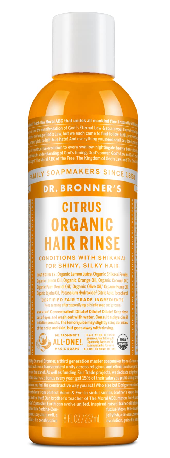 Dr. Bronner's Rinçage capillaire – bouteille orange citronnée pour cheveux légers et démêlés facilités.