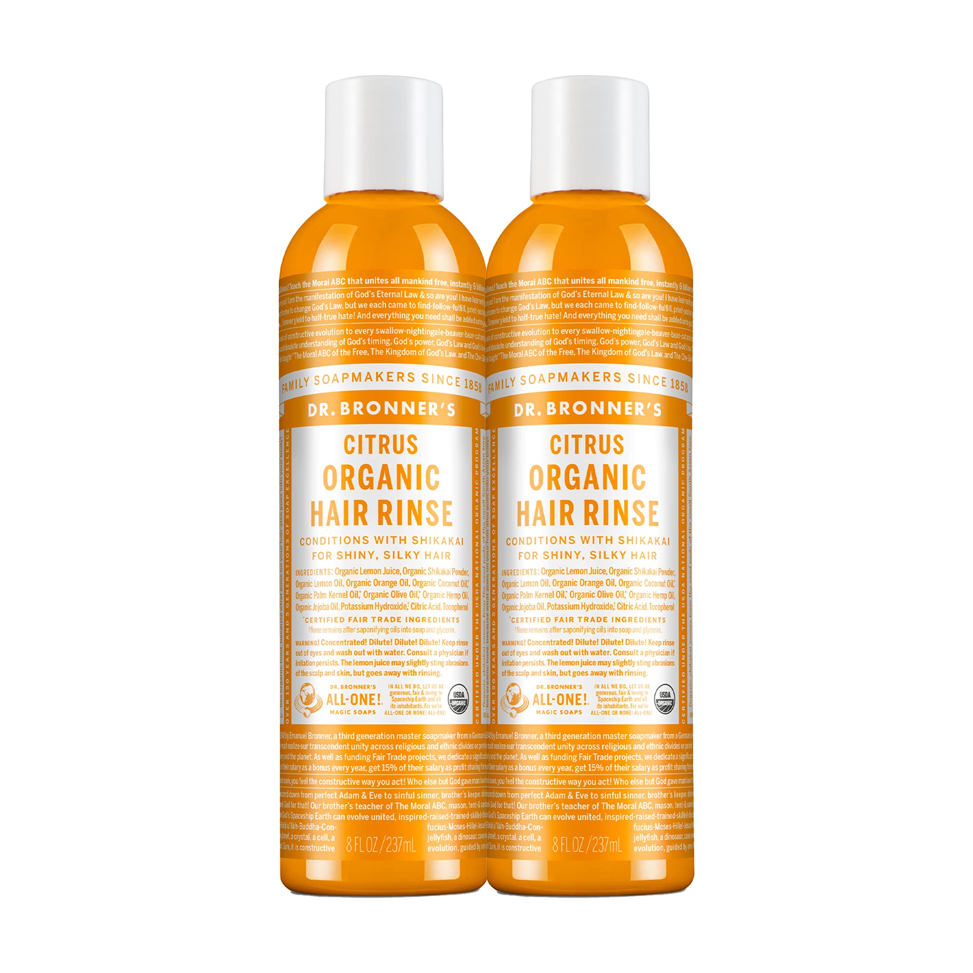 Dr. Bronner's rinçage capillaire bio Citrus Orange, duo de bouteilles, douceur légère.