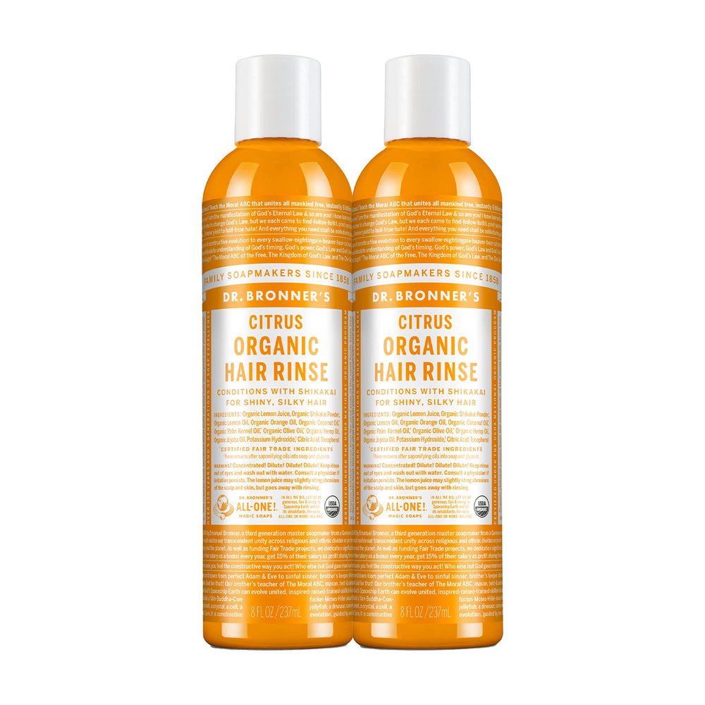 Dr. Bronner's rinçage capillaire bio Citrus Orange, duo de bouteilles, douceur légère.