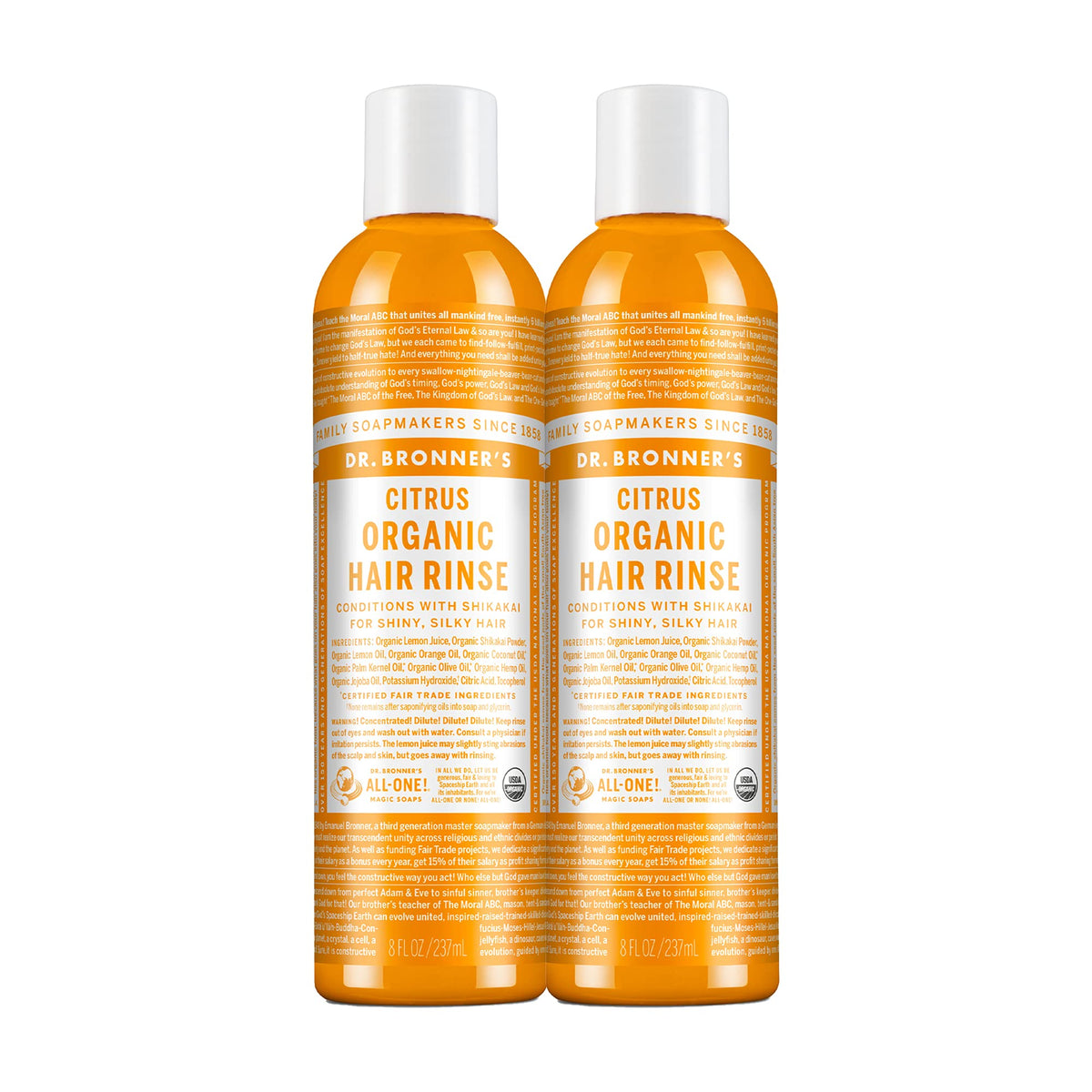 Dr. Bronner's rinçage capillaire bio Citrus Orange, duo de bouteilles, douceur légère.