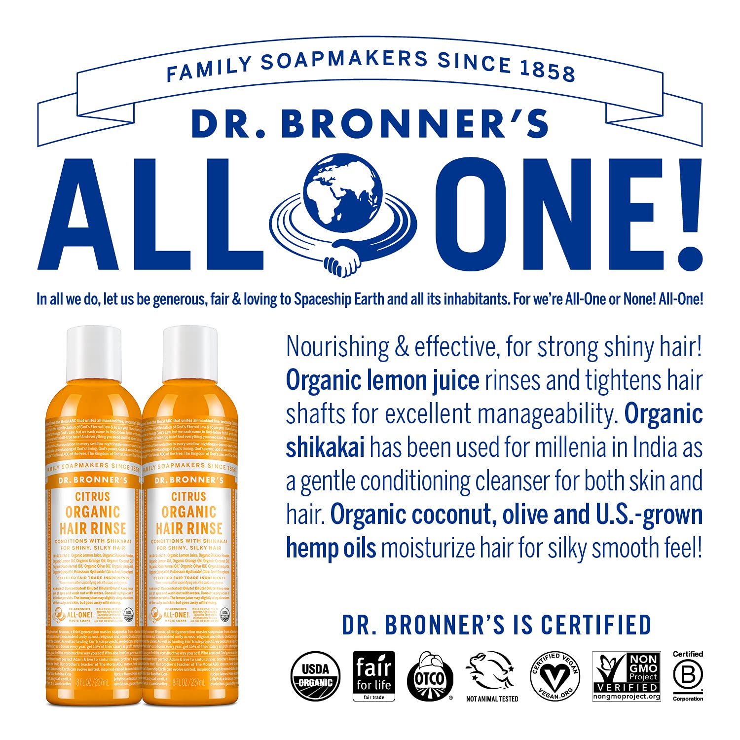 Dr. Bronner's rinçage capillaire bio Citrus Orange, cuir chevelu frais et revitalisé.