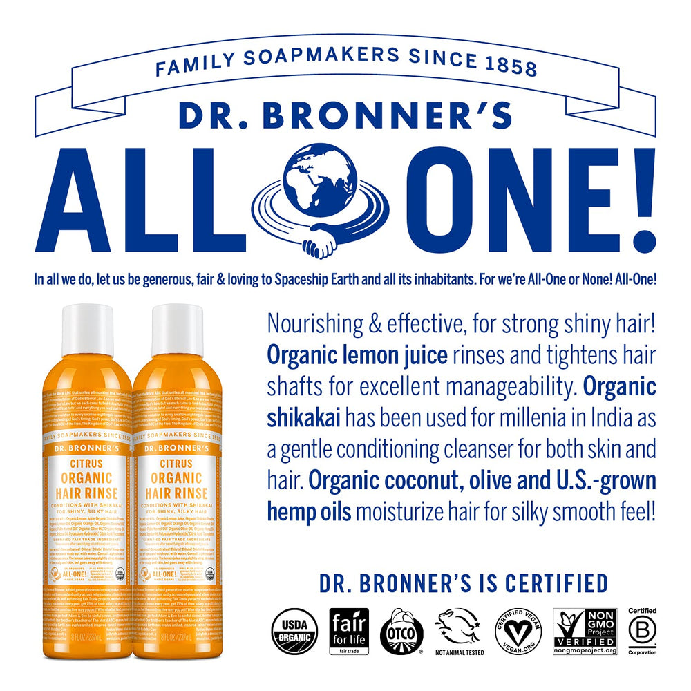 Dr. Bronner's rinçage capillaire bio Citrus Orange, cuir chevelu frais et revitalisé.