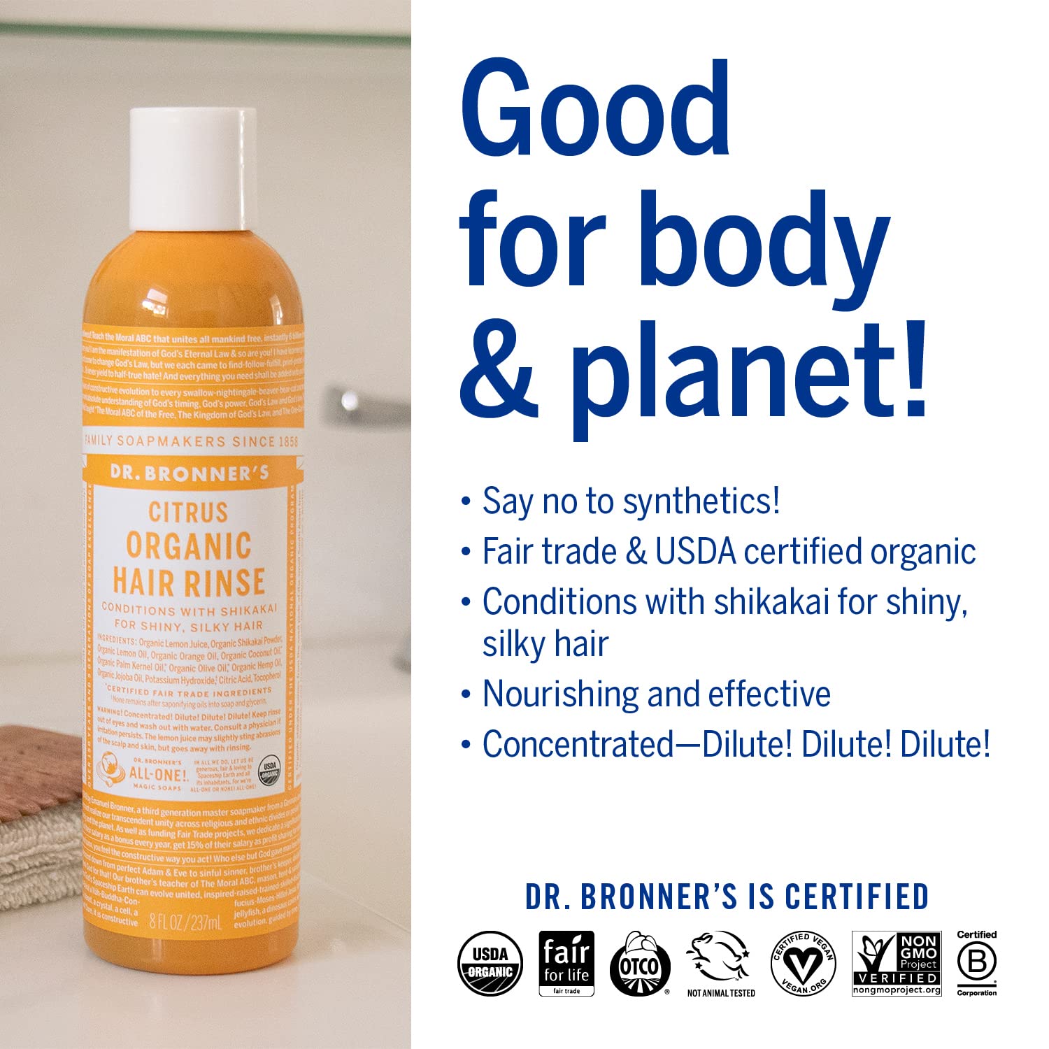 Dr. Bronner's rinçage capillaire bio Citrus Orange, démêlage facile sans silicone.
