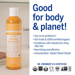 Dr. Bronner's rinçage capillaire bio Citrus Orange, démêlage facile sans silicone.