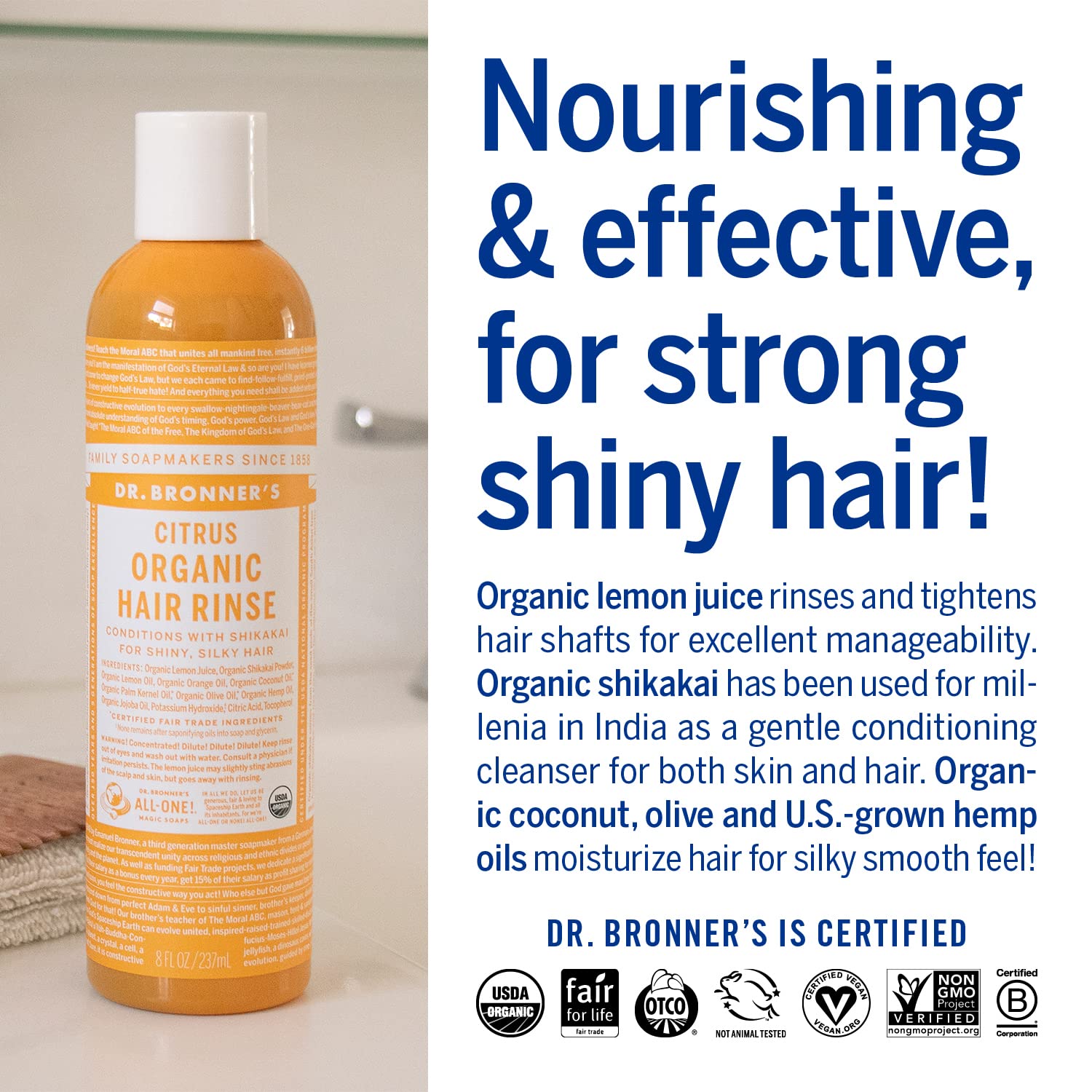 Dr. Bronner's rinçage capillaire bio Citrus Orange, ingrédients naturels et nourrissants.