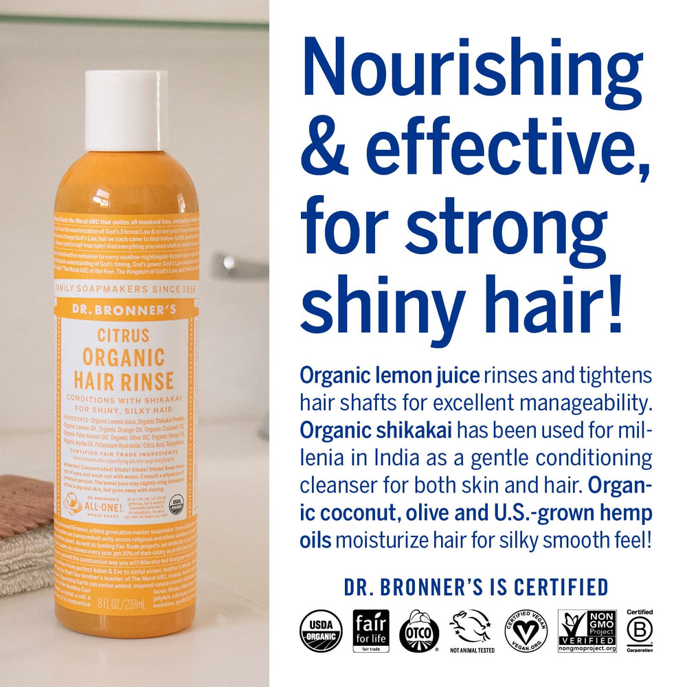 Dr. Bronner's rinçage capillaire bio Citrus Orange, ingrédients naturels et nourrissants.