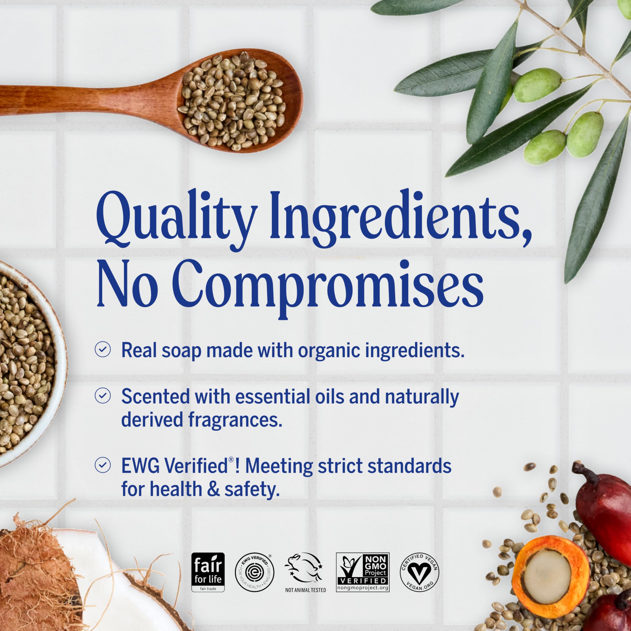 Dr. Bronner’s Savon Castile Arbre à thé – sans détergents synthétiques et doux pour la peau.