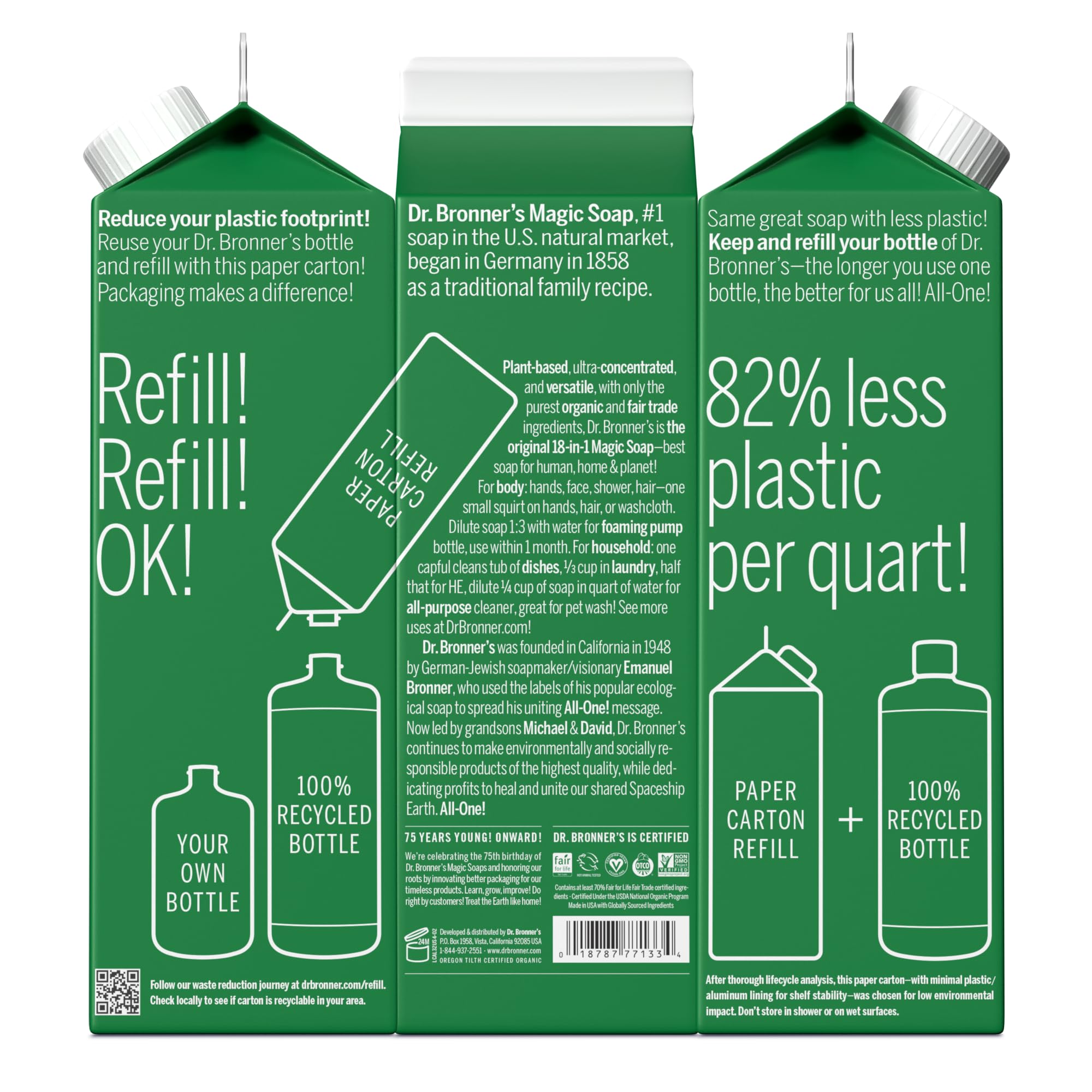 Savon liquide à l'amande Dr. Bronner's en gros plan, parfum doux.