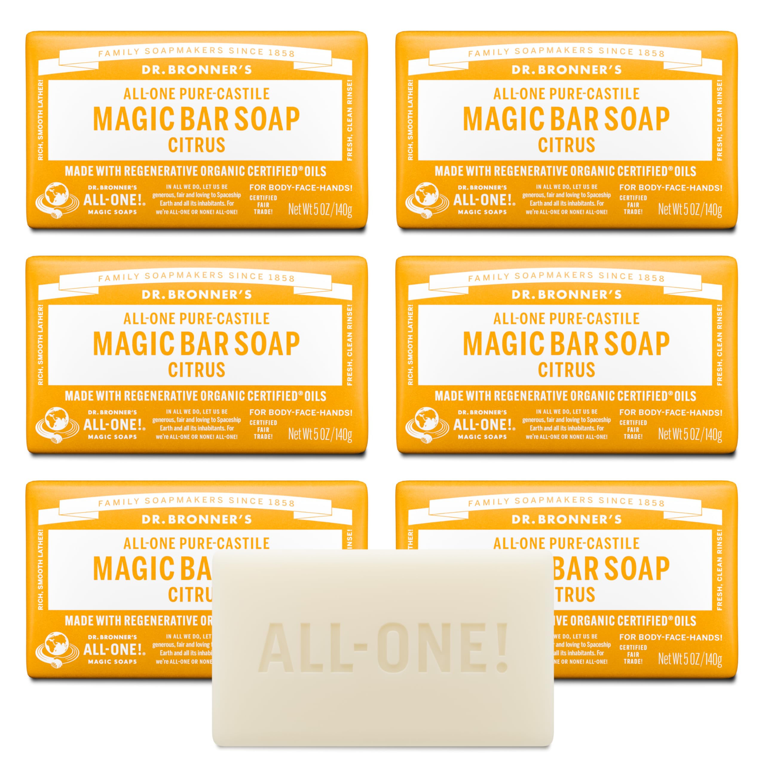 Dr. Bronner's savon-barre citronné, mousse riche et douceur peau et cheveux.