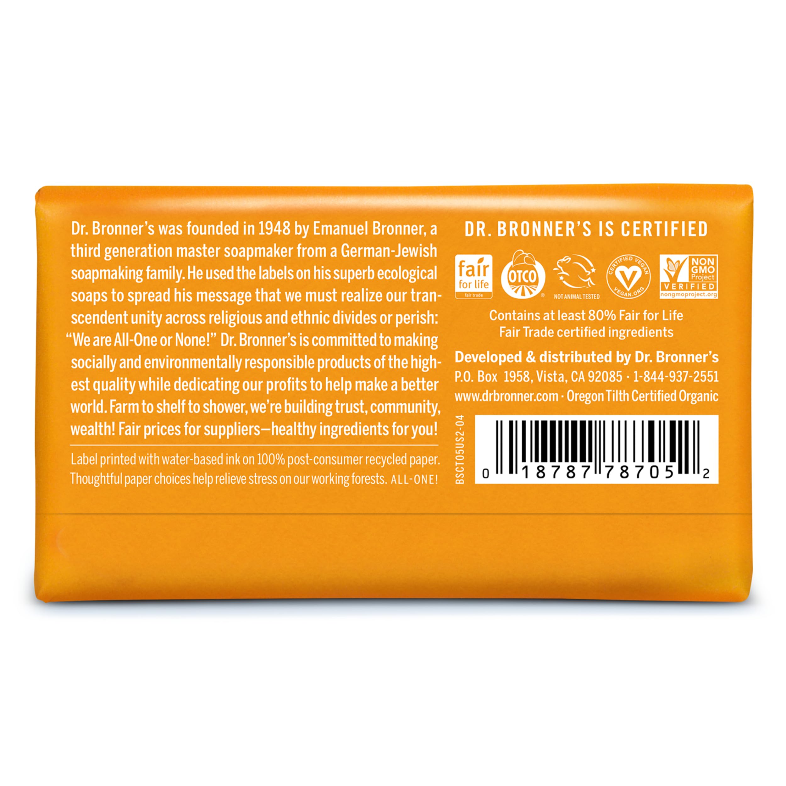 Le savon Dr. Bronner's sans colorants ni parfum artificiel respecte la peau.