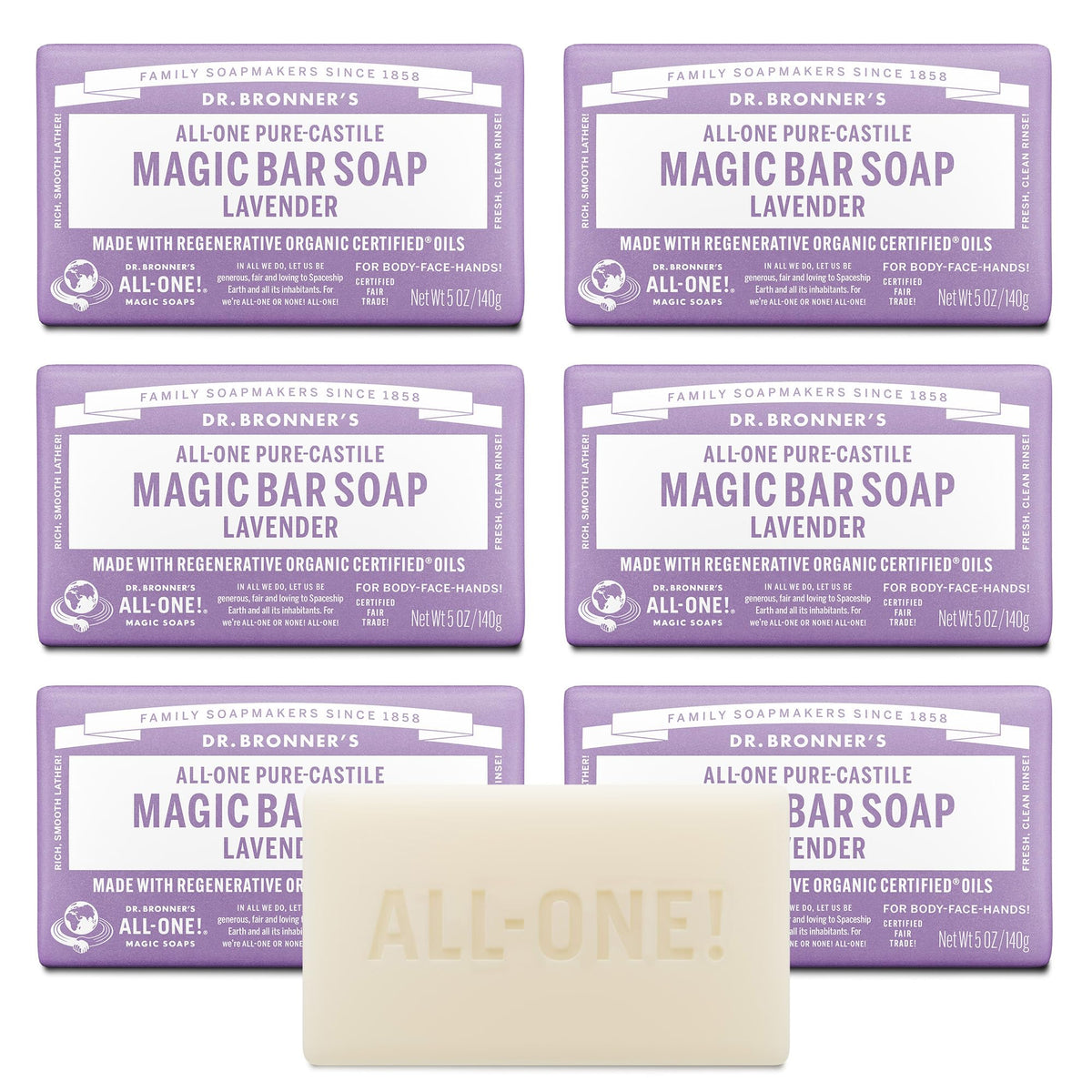Dr. Bronner’s Lavande – barre savon mousse riche pour visage et corps.