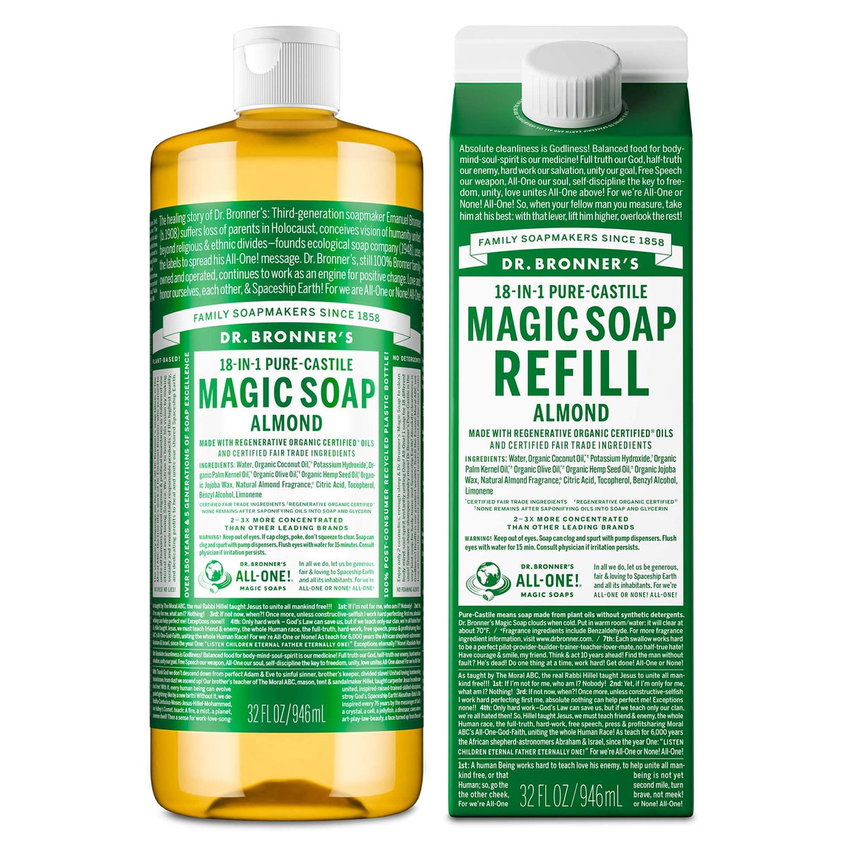Dr. Bronner’s Savon Castile Amande en bouteille, mousse riche pour corps et visage.