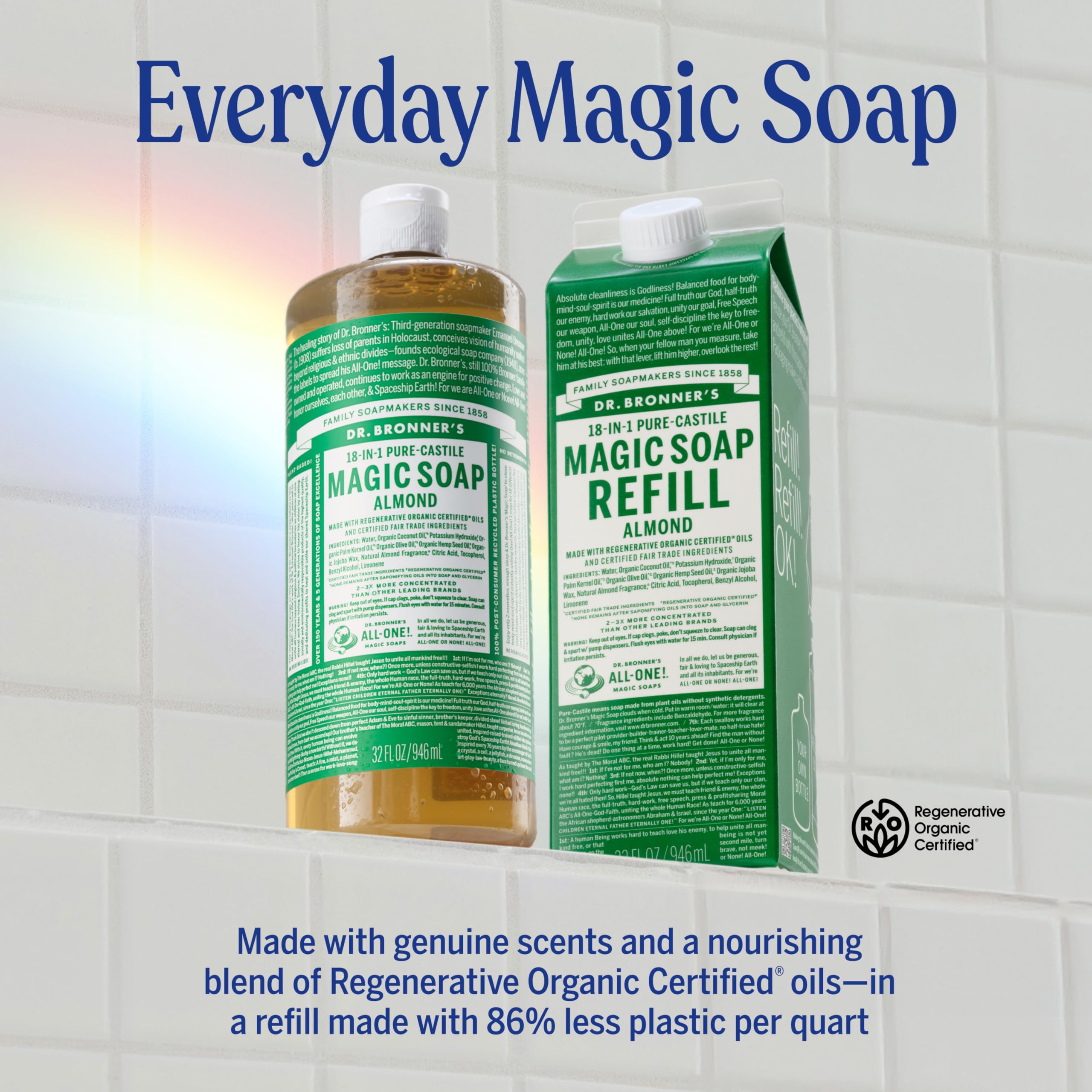 Dr. Bronner’s Savon Castile Amande – étiquette claire et flacon pratique.