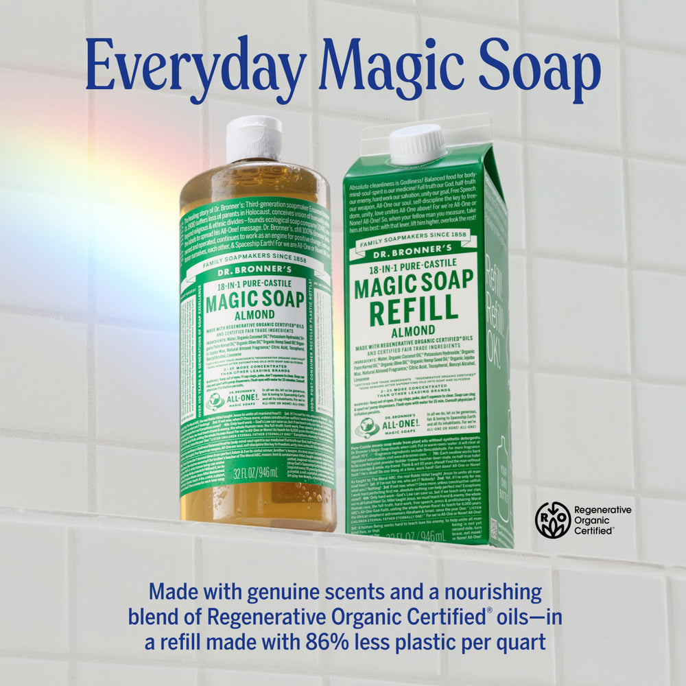 Dr. Bronner’s Savon Castile Amande – étiquette claire et flacon pratique.