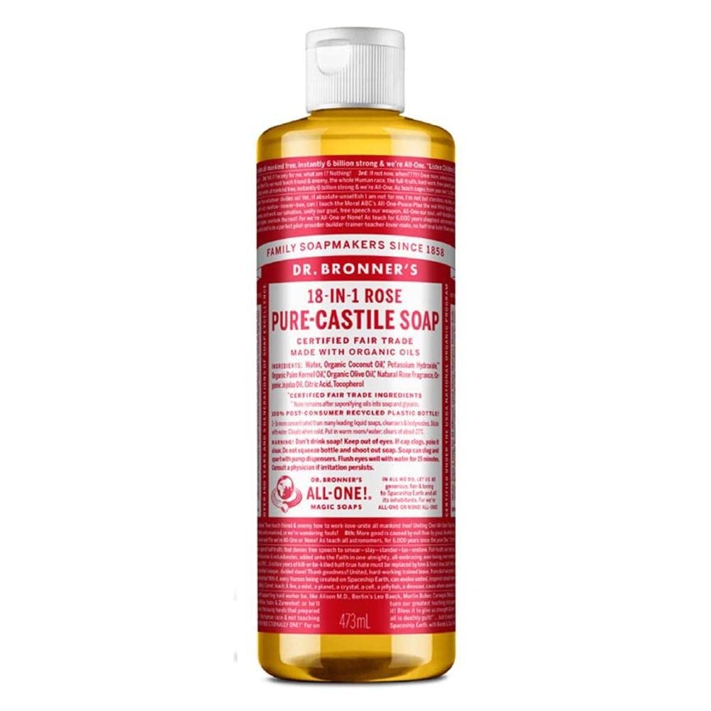 Dr Bronner's savon castile rose, bouteille de 473 ml, soin quotidien doux et hydratant.