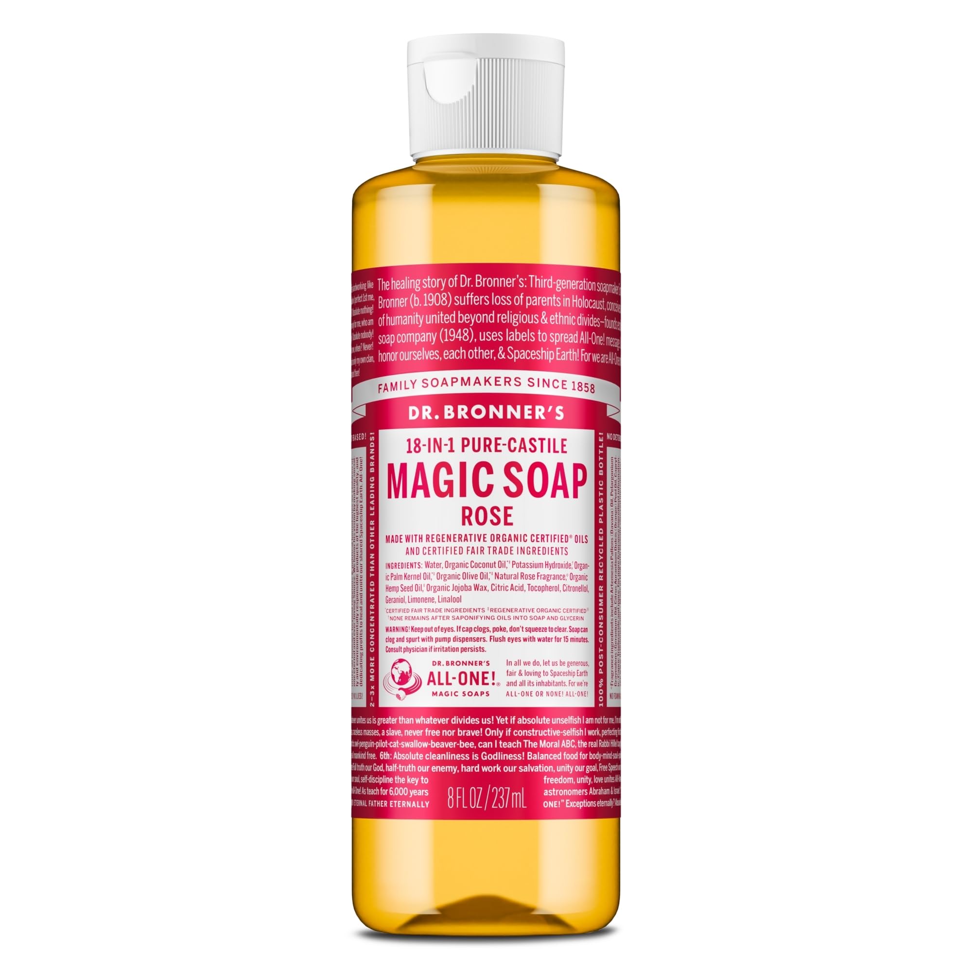 Dr. Bronner's Savon Castile Rose, bouteille, nettoie la peau et convient au visage et au corps