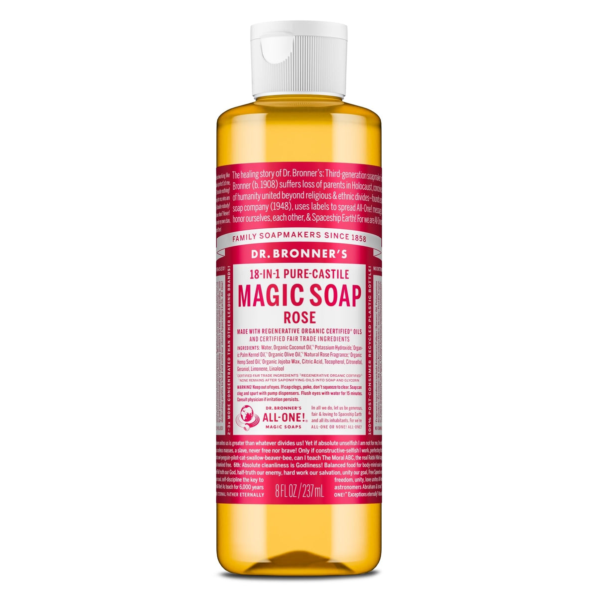 Dr. Bronner's Savon Castile Rose, bouteille, nettoie la peau et convient au visage et au corps