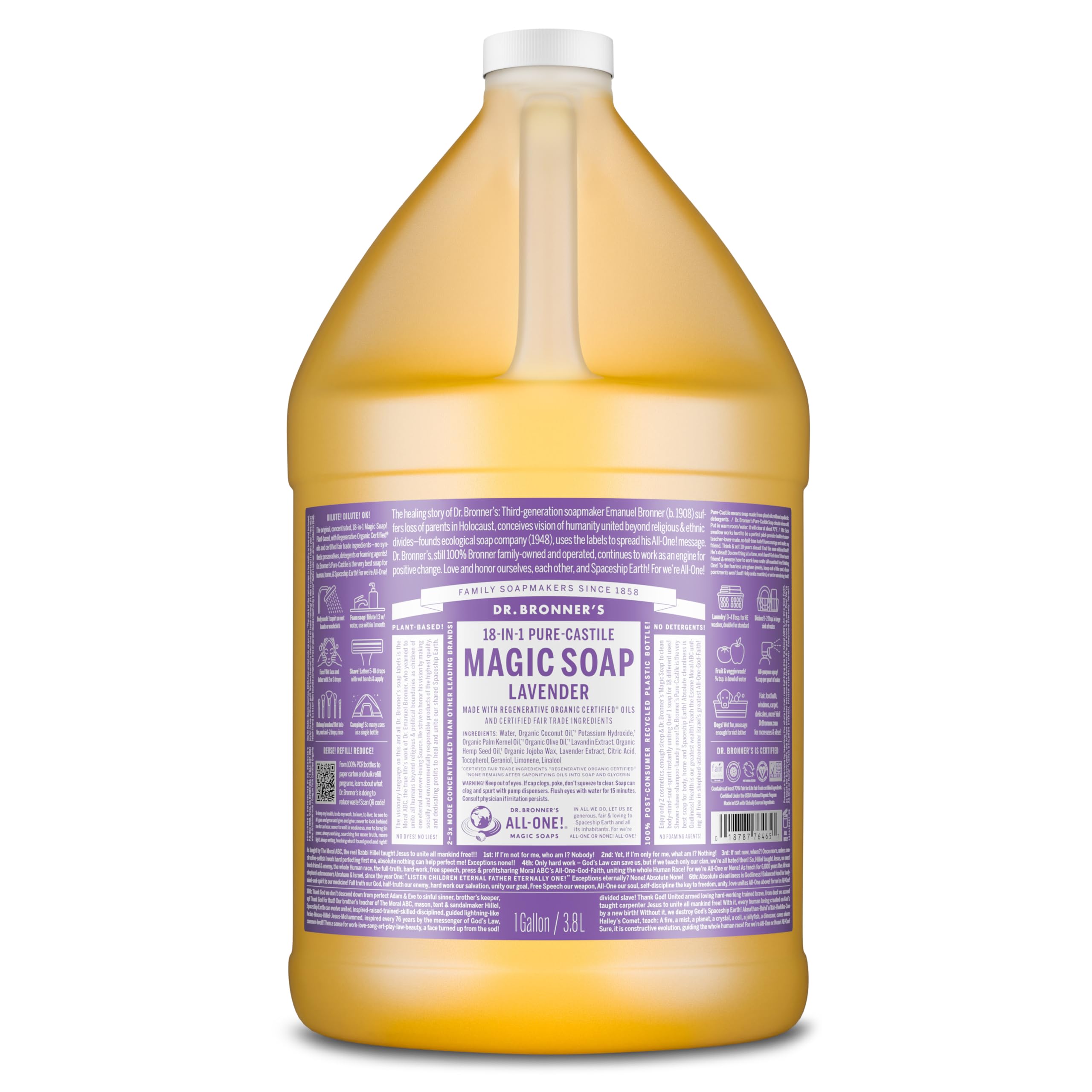 Dr. Bronner’s savon castille lavande en bouteille, usage polyvalent et pratique.