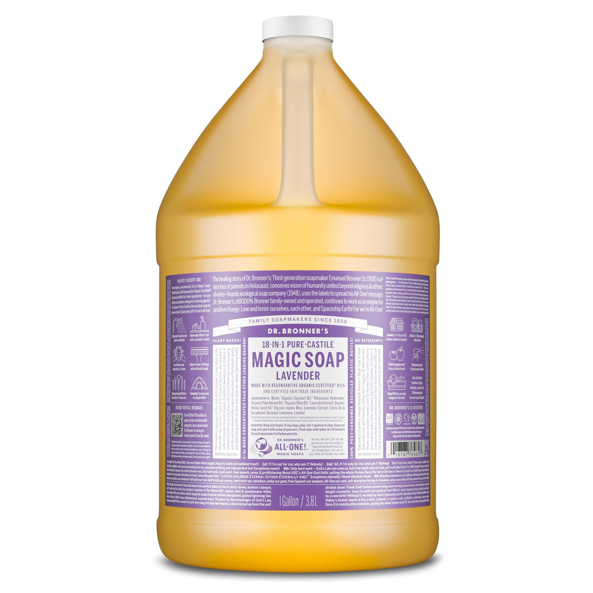 Dr. Bronner’s savon castille lavande en bouteille, usage polyvalent et pratique.