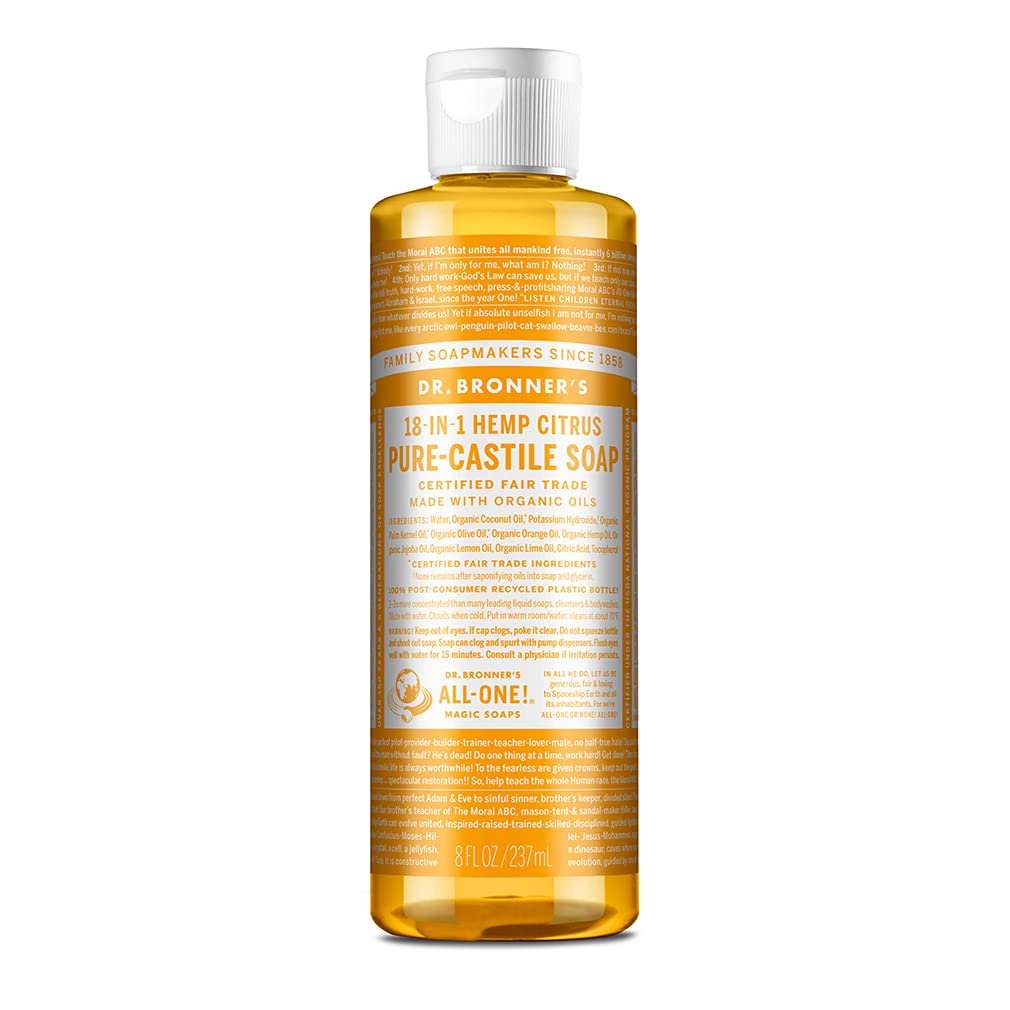 Dr. Bronner's Savon Pur-Castile Citrus en bouteille 8 oz, polyvalent pour visage et corps.