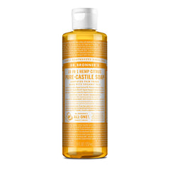 Dr. Bronner's Savon Pur-Castile Citrus en bouteille 8 oz, polyvalent pour visage et corps.