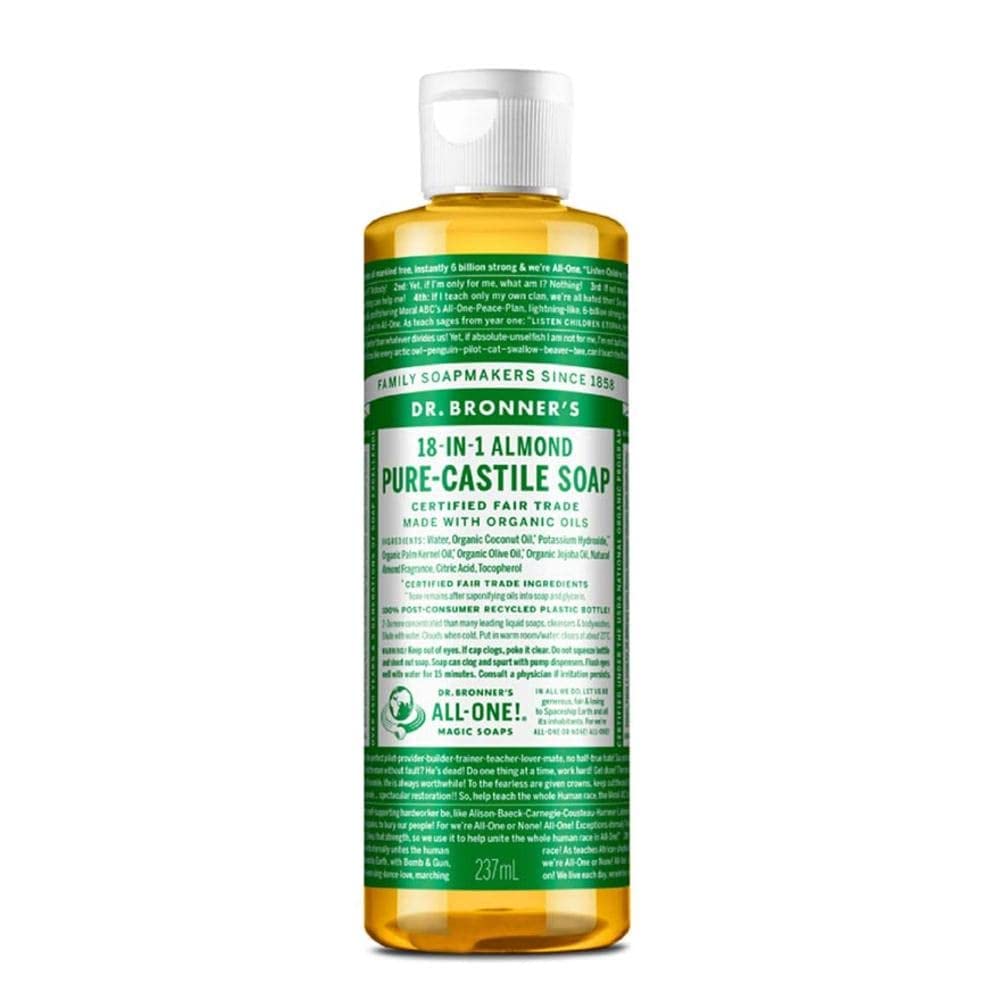 Dr. Bronner's Savon Liquide Amande - bouteille visible, ingrédients biologiques, nettoie visage et corps