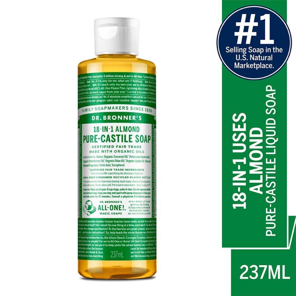 Dr. Bronner's Savon Liquide Amande - gros plan sur l'étiquette bio, usage polyvalent pour la peau