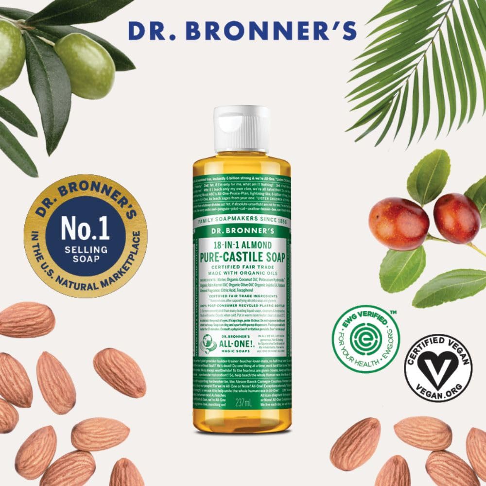 Dr. Bronner's Savon Liquide Amande - gros plan ingrédients bio, formulation vegan et non-GMO