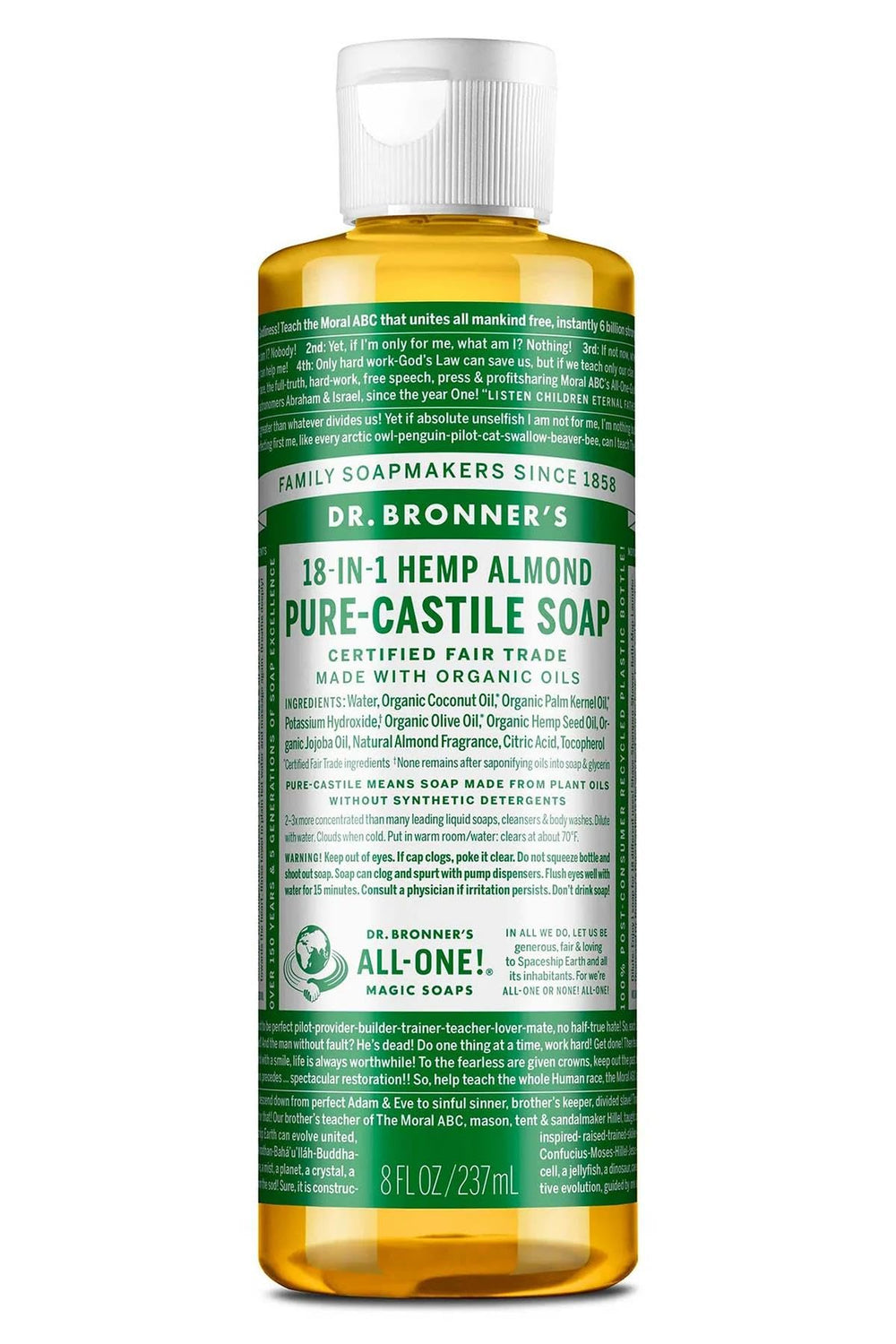 Dr. Bronner's Savon Castile Amande en bouteille – douceur naturelle et usage polyvalent.
