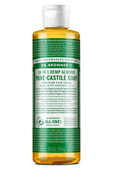 Dr. Bronner's Savon Castile Amande en bouteille – douceur naturelle et usage polyvalent.