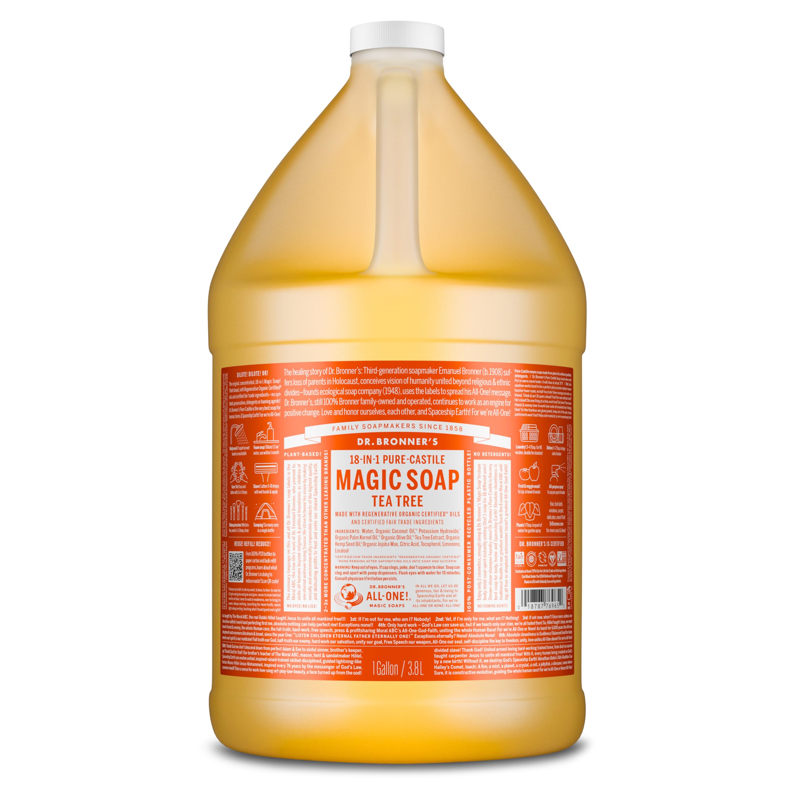 Dr. Bronner’s Savon Castile Arbre à thé dans une bouteille 1 gallon, nettoyage polyvalent.