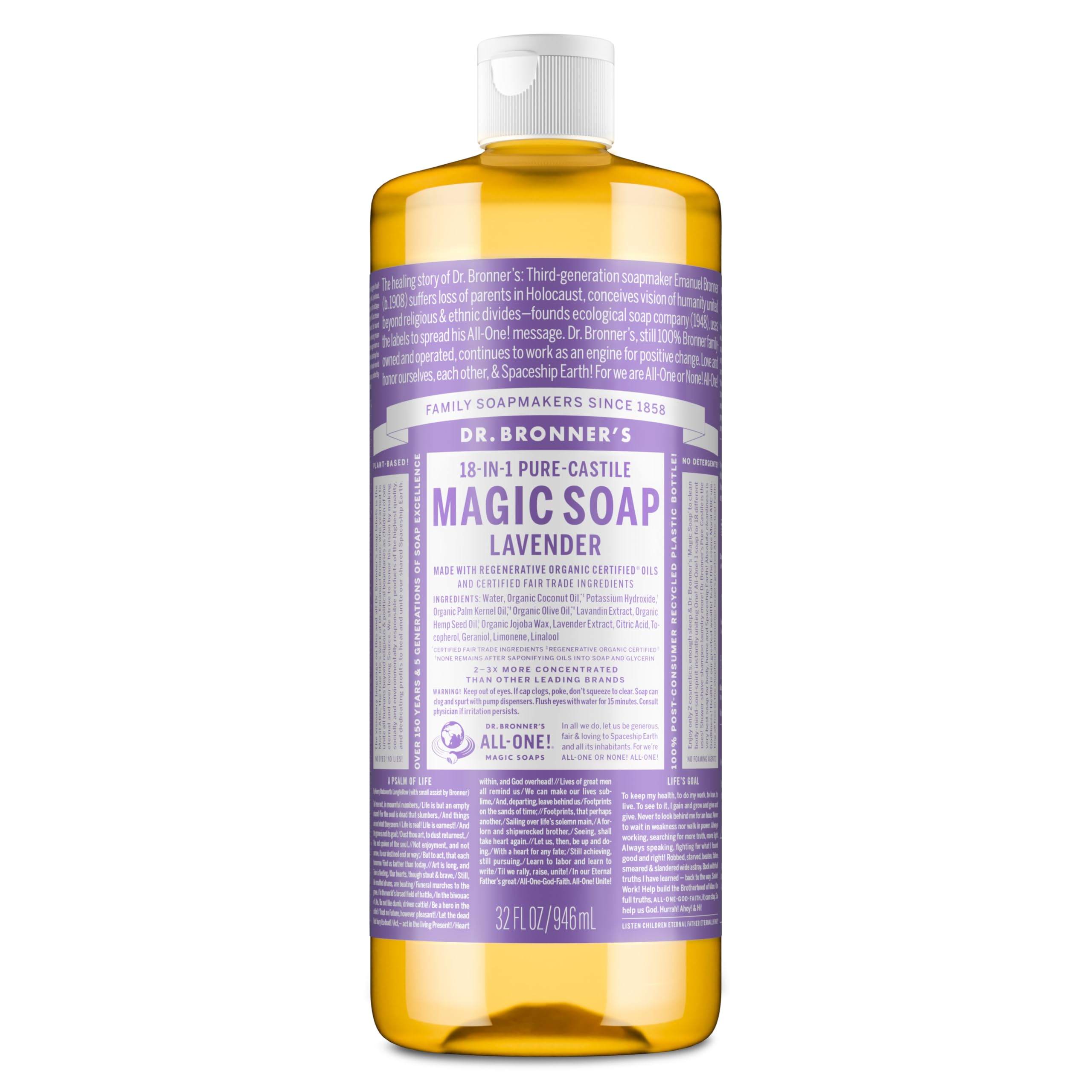 Savon Liquide Castile Lavande Dr. Bronner's en bouteille, polyvalent pour peau et tâches ménagères.
