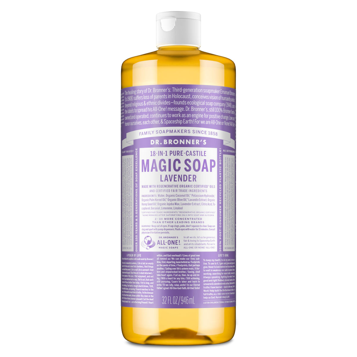 Savon Liquide Castile Lavande Dr. Bronner's en bouteille, polyvalent pour peau et tâches ménagères.