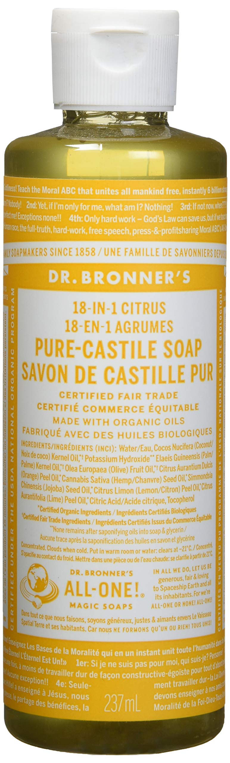Dr. Bronner's Savon Castile orange en bouteille, polyvalent pour corps et ménage.