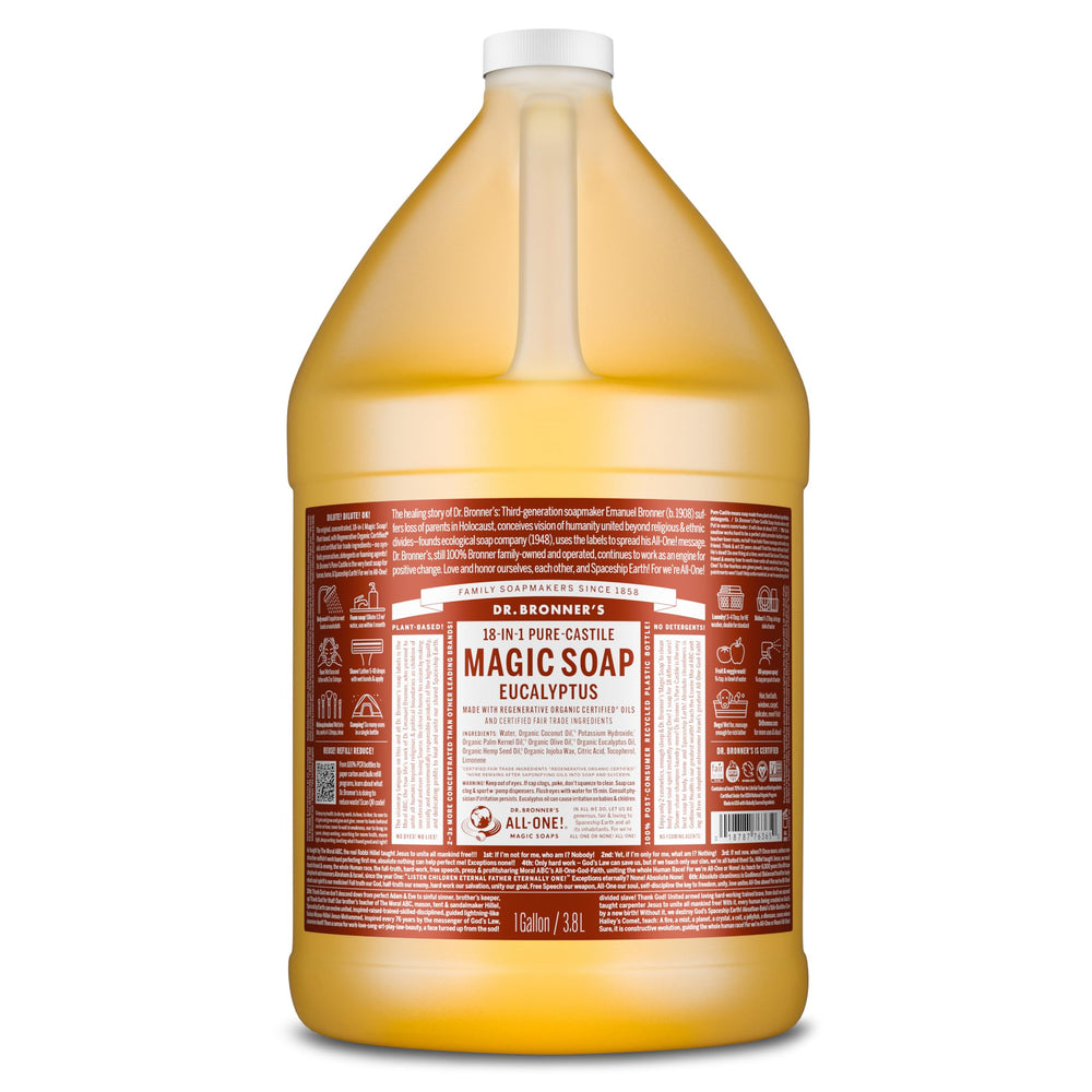 Dr. Bronner's Savon Liquide Eucalyptus, bouteille visible, mousse généreuse pour la peau.