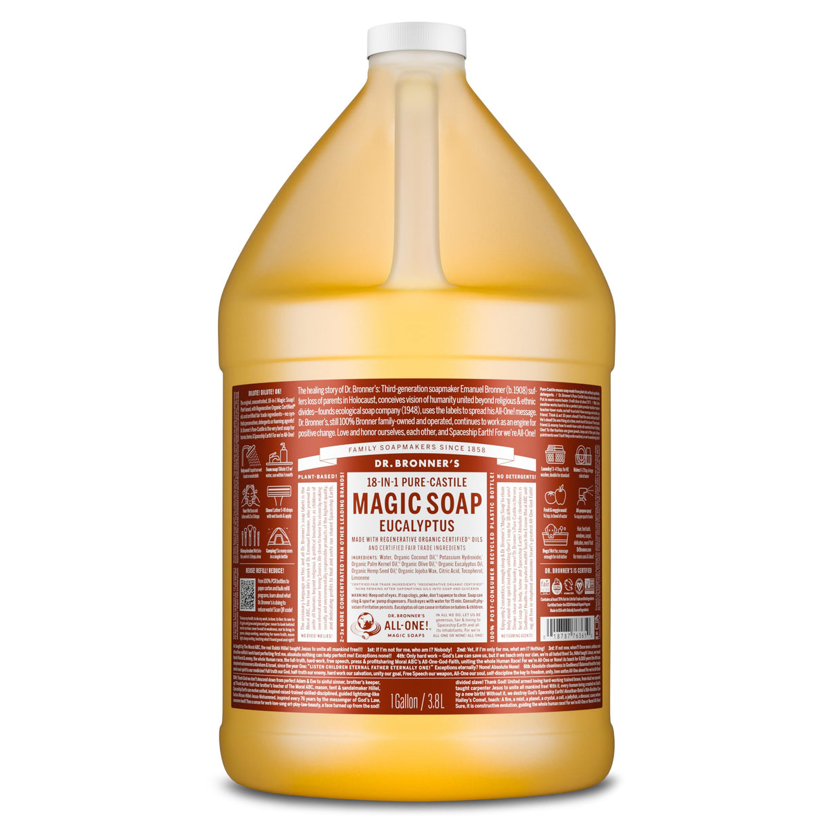 Dr. Bronner's Savon Liquide Eucalyptus, bouteille visible, mousse généreuse pour la peau.