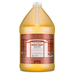 Dr. Bronner's Savon Liquide Eucalyptus, bouteille visible, mousse généreuse pour la peau.