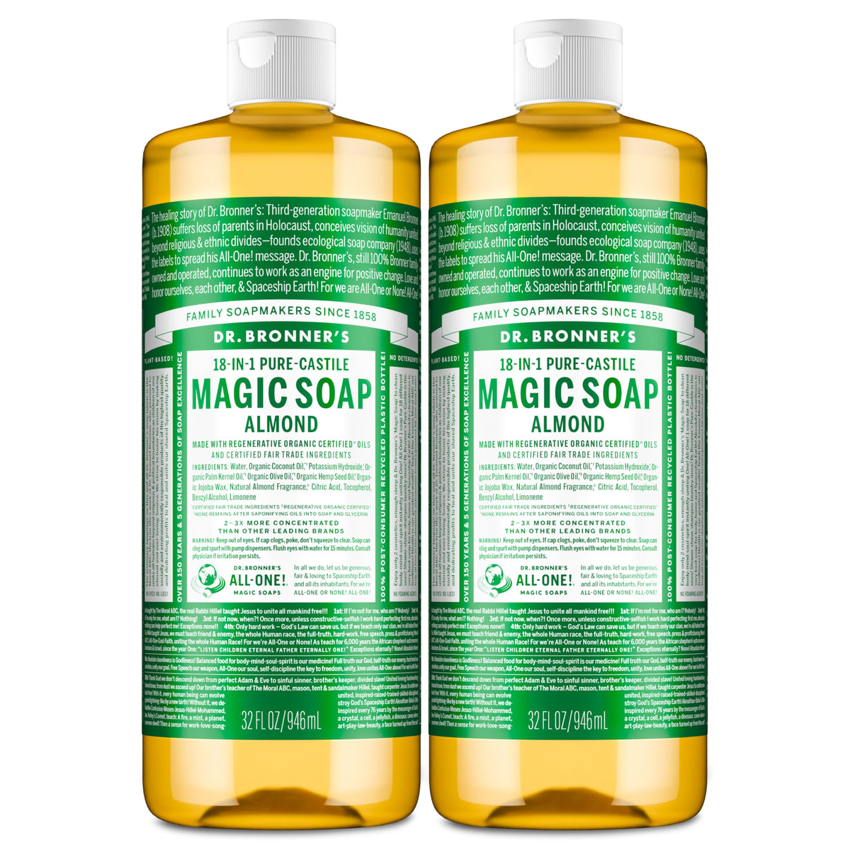 Bouteille Dr. Bronner's Savon Liquide Pure-Castile Amande, douceur et propreté sur la peau