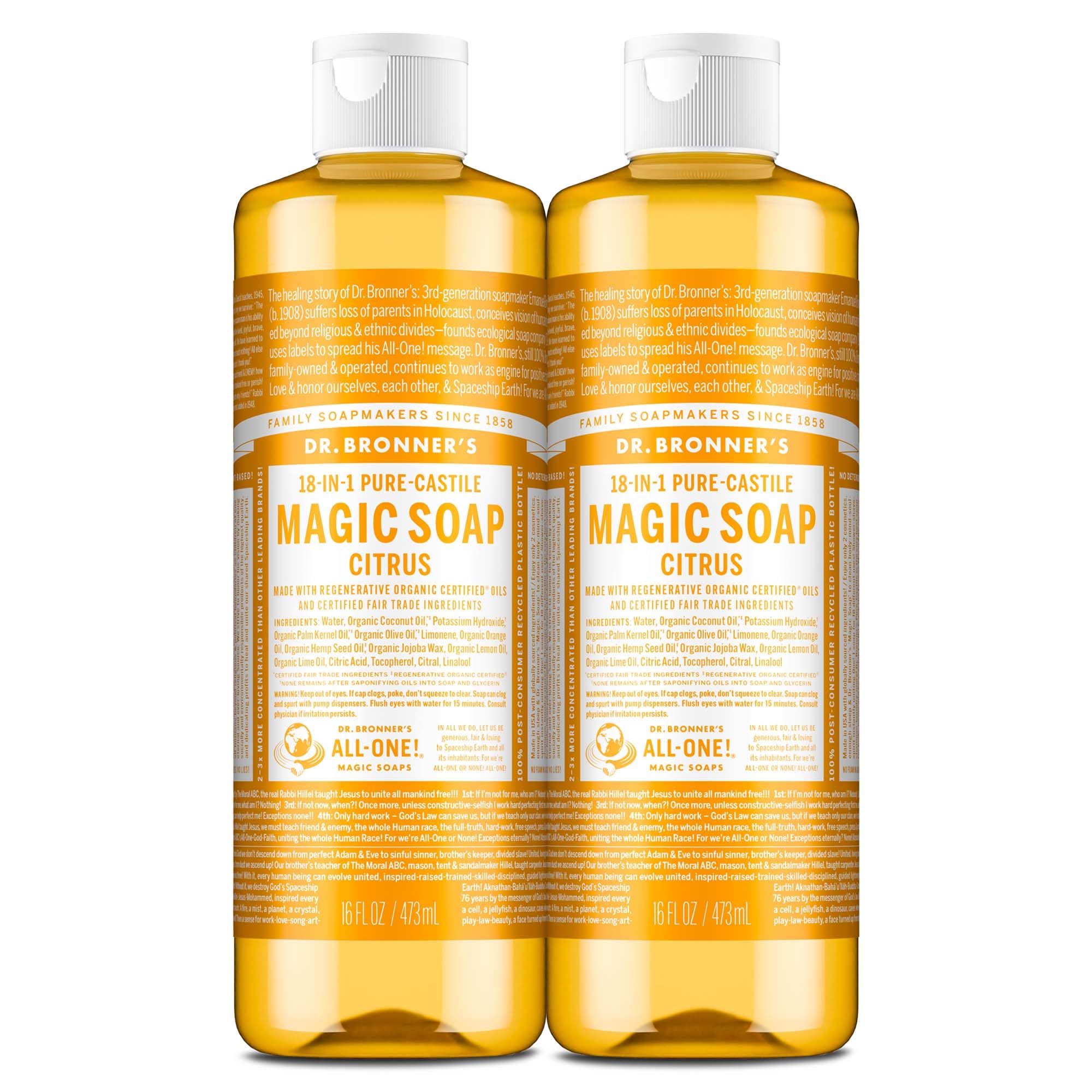 Dr. Bronner's, bouteilles savon liquide citrus 2-pack, offre une mousse riche et agréable.